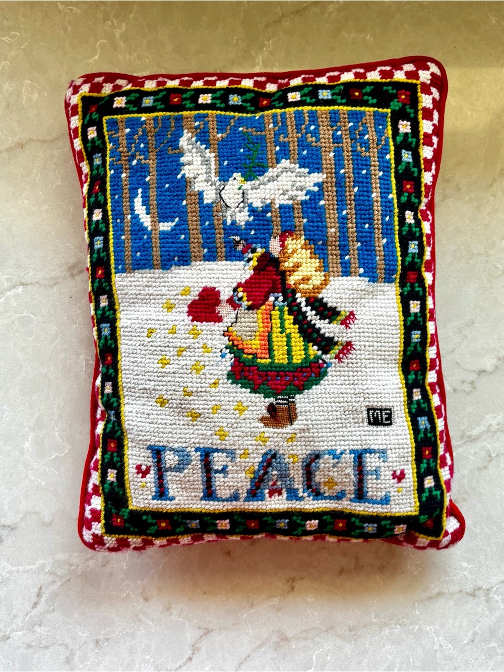 Needlepoint Mary Engelbreit Peace Christmas Pillow vintage 🎄🕊️ - Picture 7 of 9